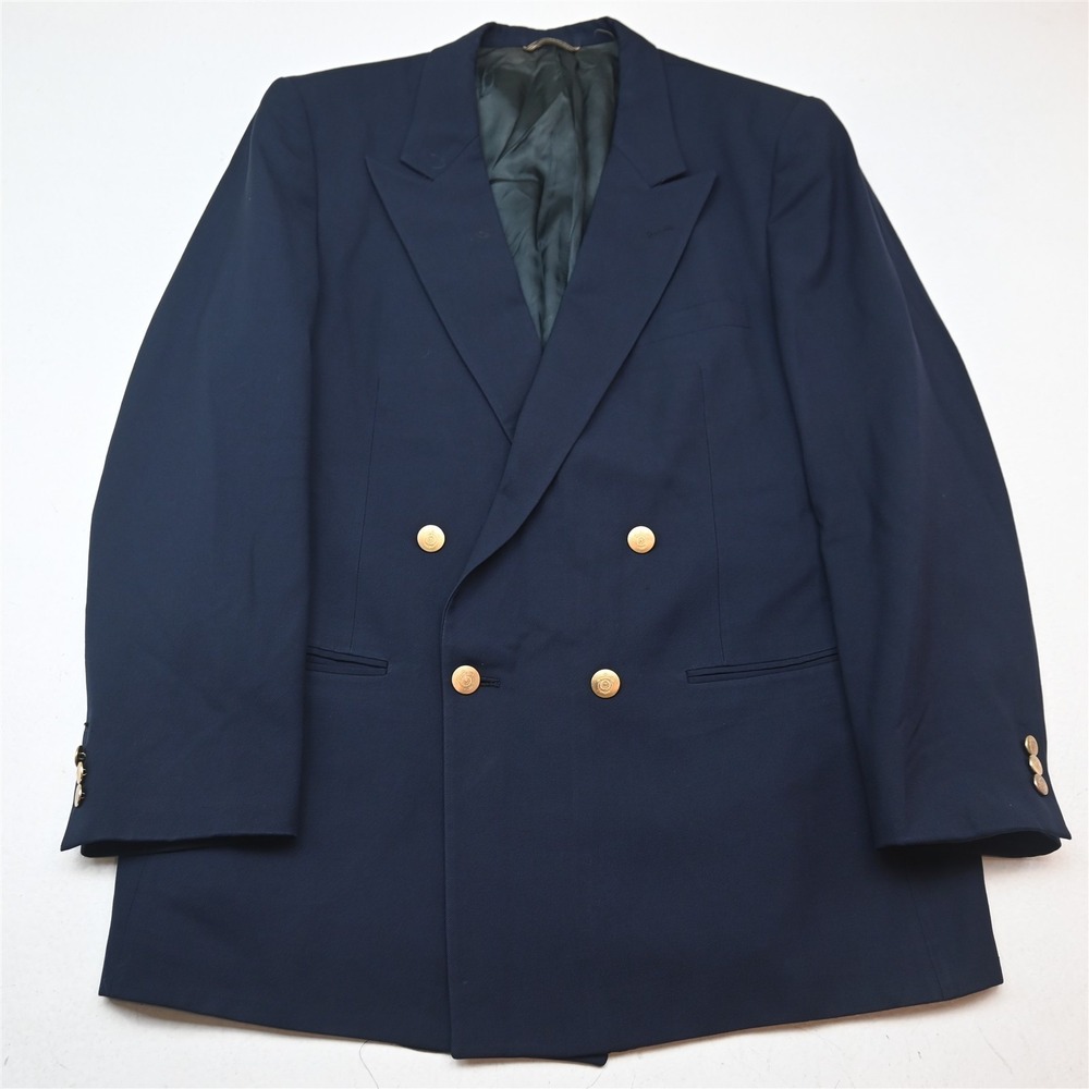 Vtg USA Christian Dior 44R Navy Blue Double Breasted Gold Button Blazer Jacket